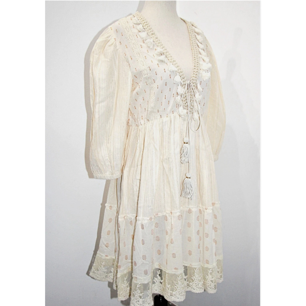 Z&L EUROPE Tassels Lace Trim Tiered Airy-Cotton Mini Dress in Ivory-Gold sz L - Picture 2 of 4